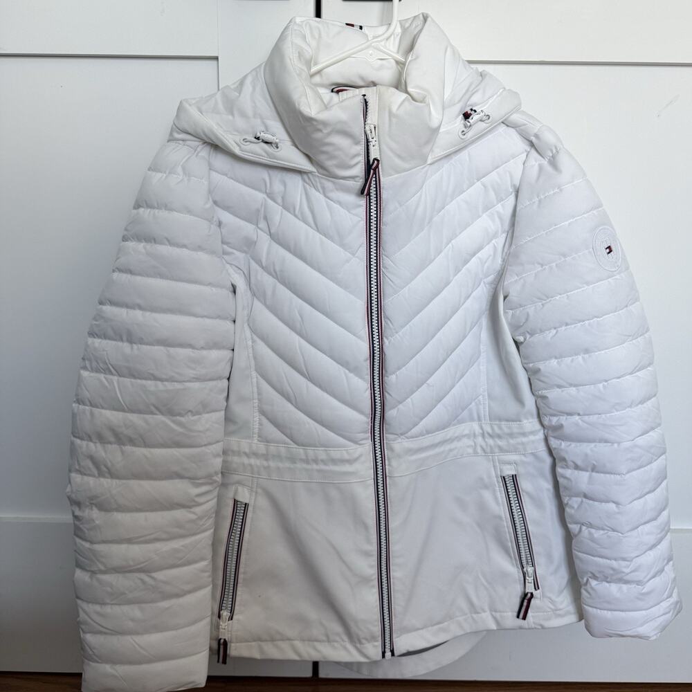 Tommy Hilfiger Women’s M White Quilted Puffer Jacket Hooded Full Zip Winter Coat